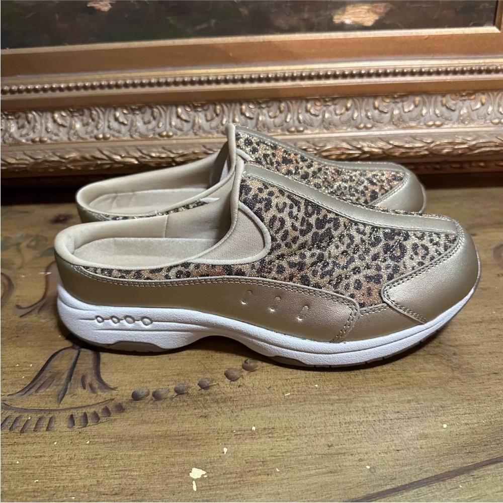 Easy Spirit Travel Time Leopard Print Gold Leather Slip On Mule Clog Size 9 W